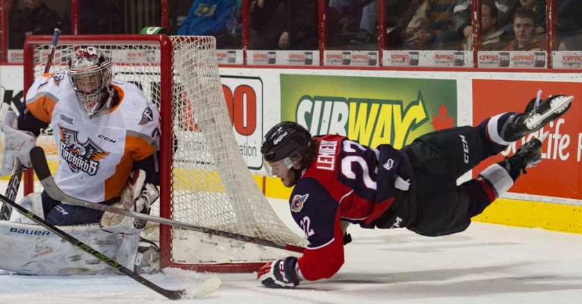Brendan Lemieux diving for the puck