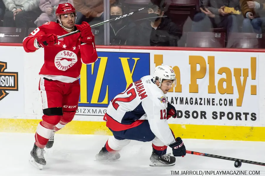 Soo Greyhounds at Windsor Spitfires November 13, 2021. Photo by Tim Jarrold - In Play! magazine