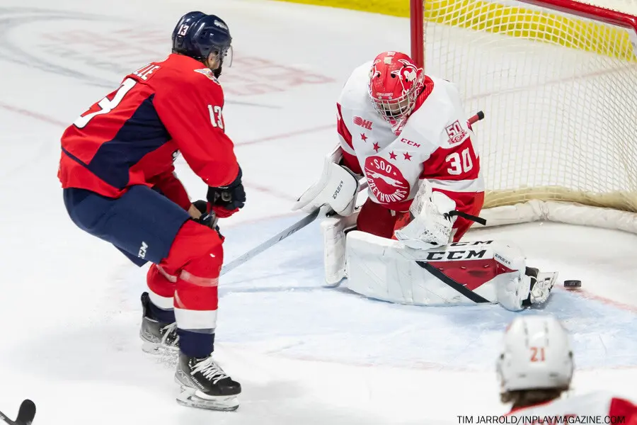 Soo Greyhounds at Windsor Spitfires Jan 20 2022 Photo Tim Jarrold - In Play! magazine