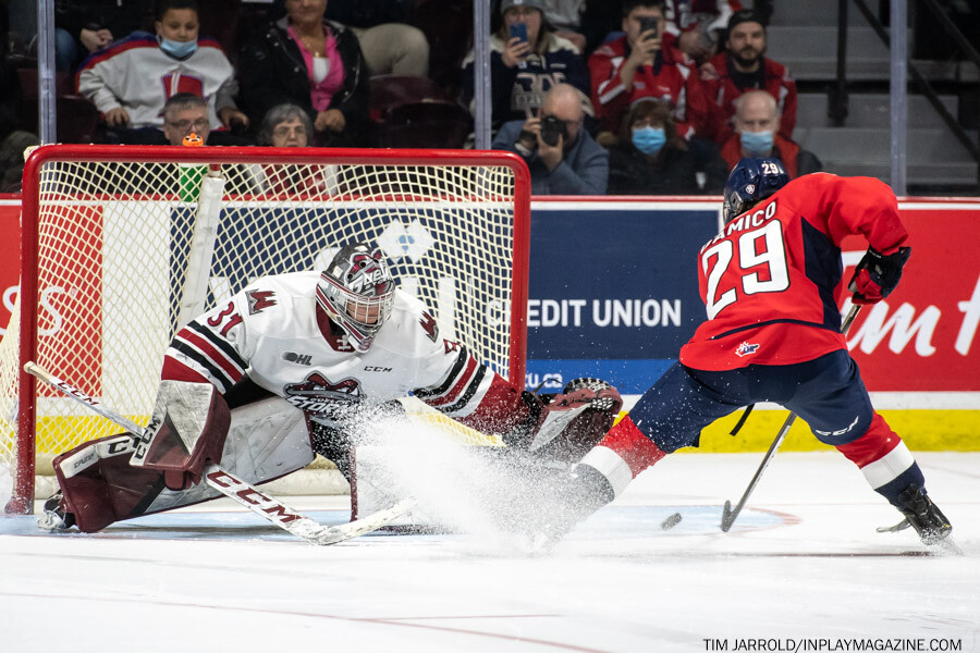 Guelph Storm at Windsor Spitfires April 7 2022. Photo: Tim Jarrold - In Play! magazine