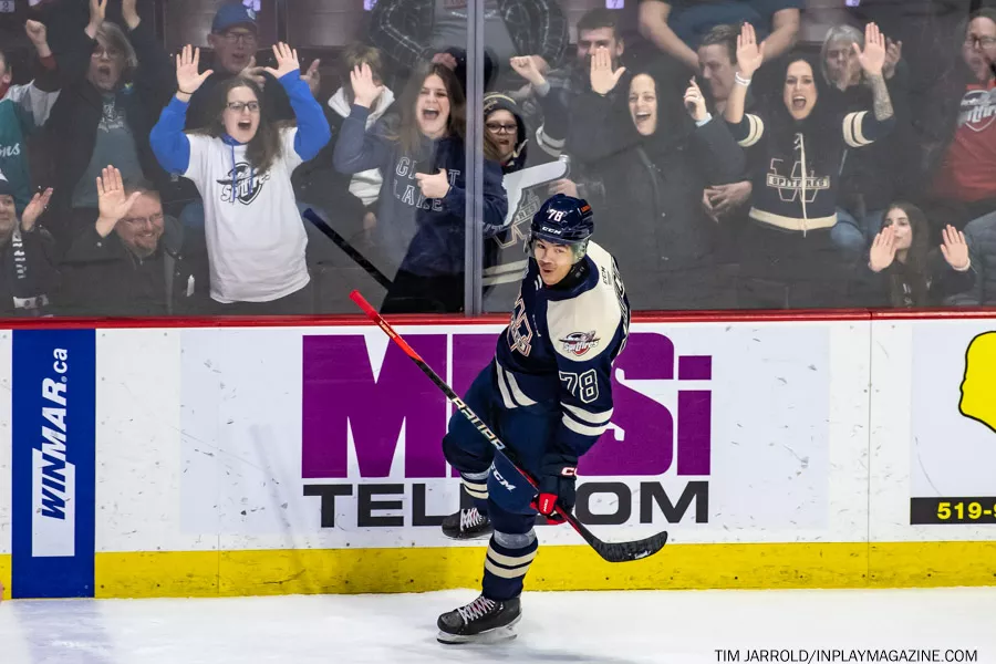 Owen Sound Attack at Windsor Spitfires February 5 2023. Photo: Tim Jarrold - In Play! magazine
